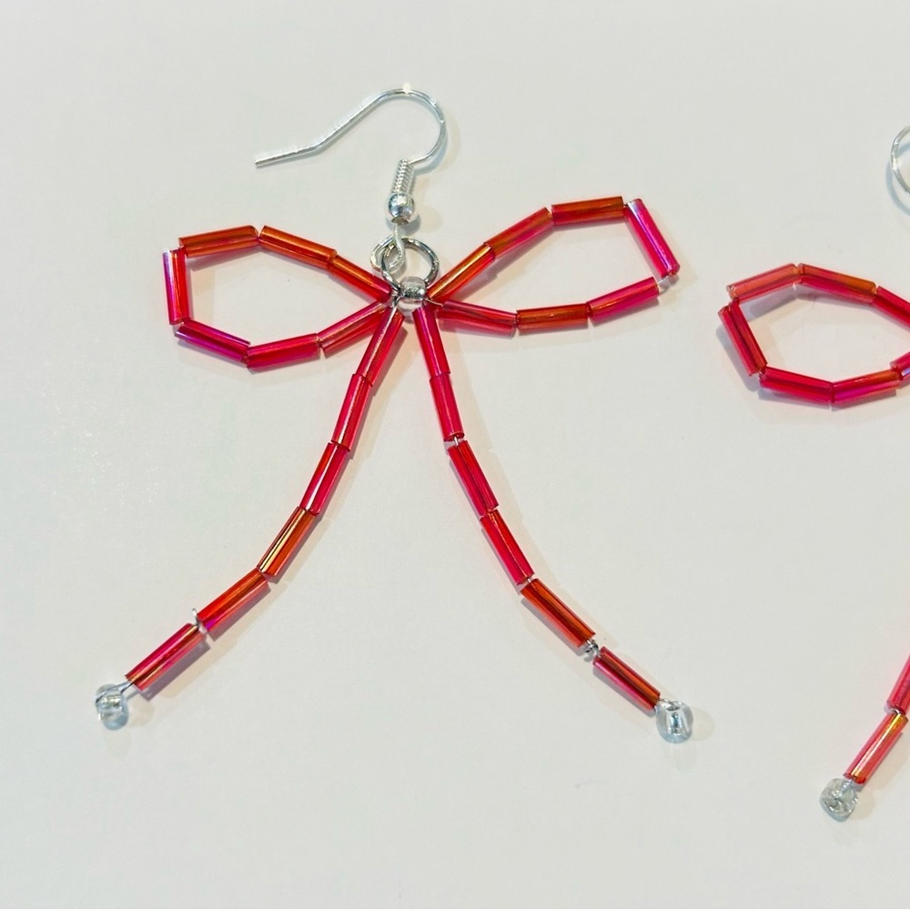 Handmade Red Bow Drop Earrings - Picture 5 of 6
